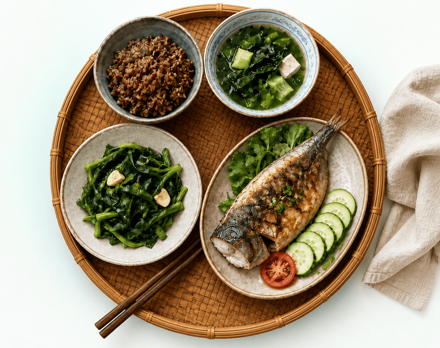 Mâm cơm Việt với cơm gạo lứt, cá nướng, rau xanh và canh
